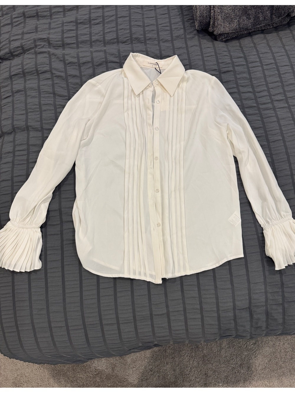 Commense White Pleated Cuff Button-Down Blouse